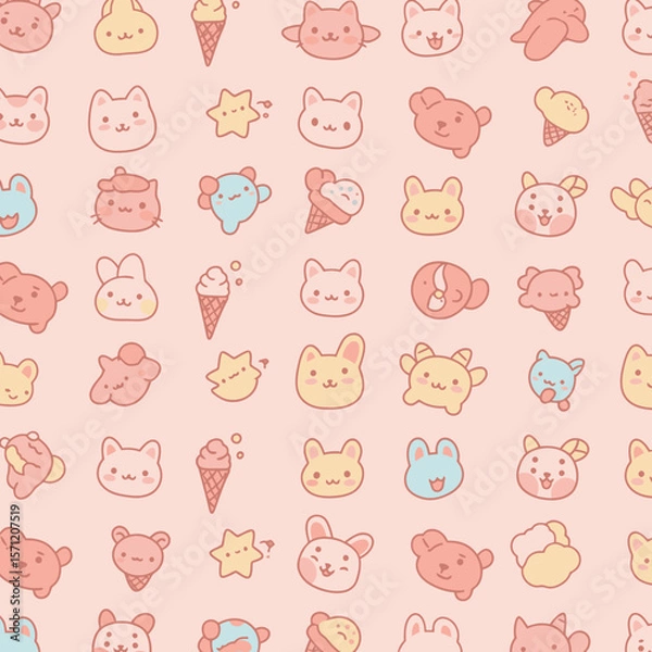 Fototapeta A charming and whimsical seamless pattern featuring adorable cartoon animal faces, ice cream cones, and stars in a delightful pastel color palette, perfect for various design projects.