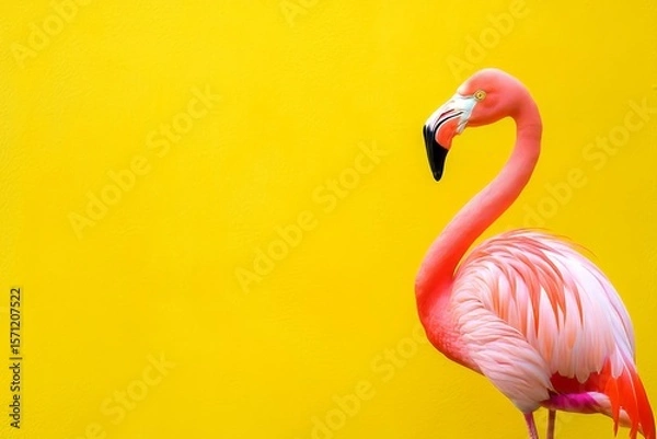 Fototapeta A vibrant pink flamingo stands out against a bright yellow background, evoking tropical vibes