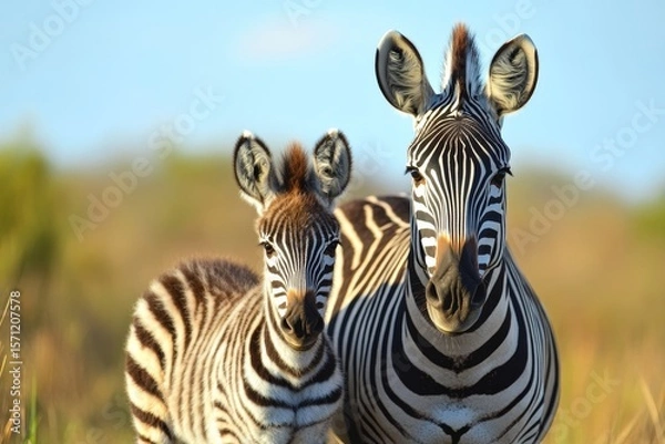 Fototapeta Plains zebra with its foal standing together, facing the camera in their natural habitat setting