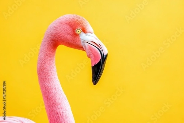Fototapeta Vibrant pink flamingo against a bright yellow background creating a bold visual contrast