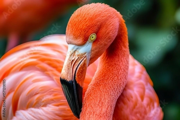 Fototapeta Detailed close up of a pink flamingo bird showcasing its vibrant feathers and unique features