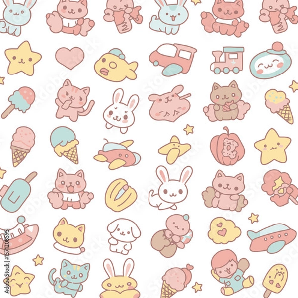 Obraz Adorable kawaii characters including cute animals, ice cream, and toys, presented in a playful and colorful pattern on a white background.
