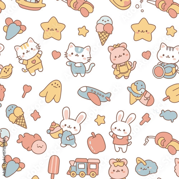 Obraz Adorable kawaii cartoon characters including cats, bears, and bunnies with ice cream, stars, and toys on a white background.
