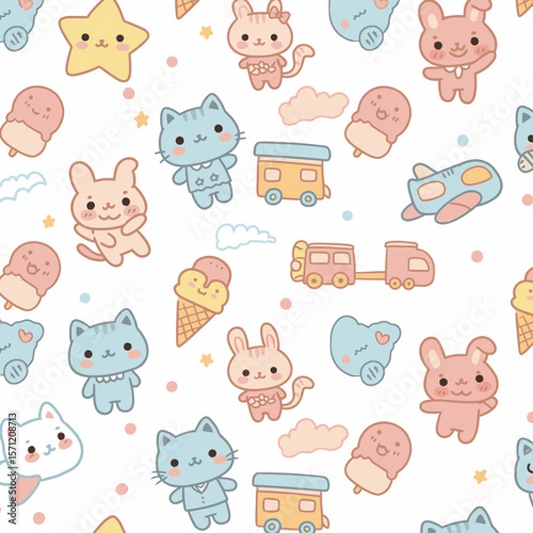 Obraz Adorable kawaii pattern featuring cute cartoon cats, bunnies, stars, ice cream, and airplanes on a white background.
