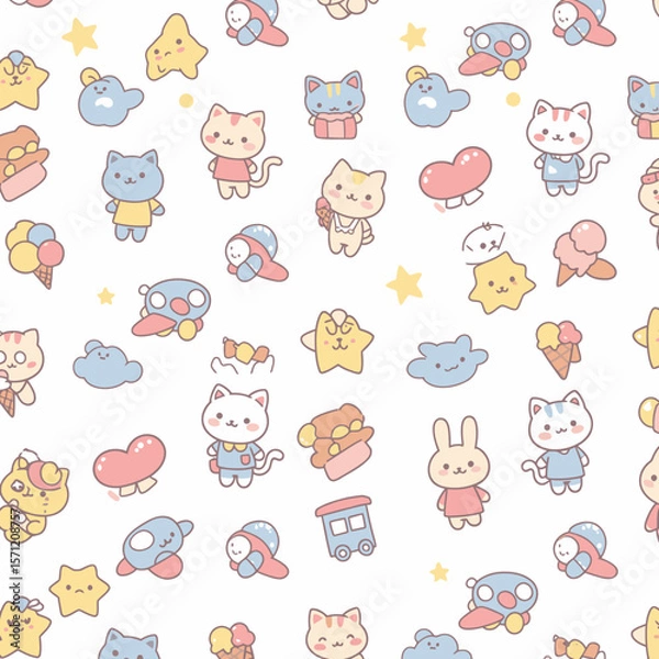 Obraz A whimsical seamless pattern features cute cartoon cats, stars, clouds, hearts, and other adorable elements on a white background, perfect for children's designs.