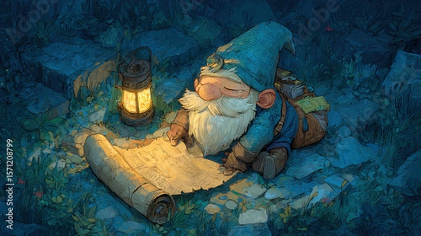 Fototapeta Whimsical Gnome Reading a Map by Lantern Light at Night