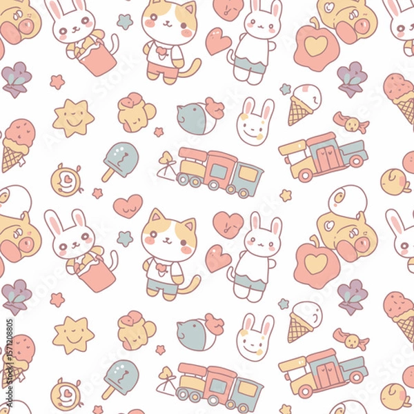 Obraz A whimsical pattern showcases adorable cartoon animals, including bunnies and cats, alongside treats like ice cream and trains, creating a delightful and playful design.