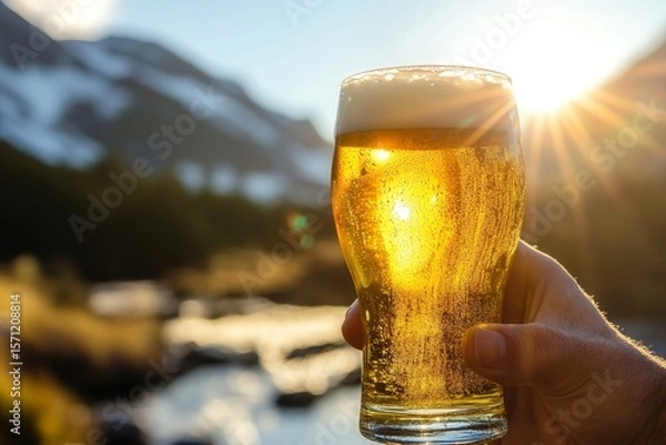 Fototapeta Refreshing beer in hand with majestic mountains and sunlit sky in the background