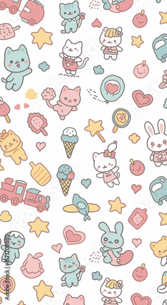 Obraz A delightful seamless pattern featuring adorable pastel cartoon cats, bunnies, and playful objects, perfect for children's designs.