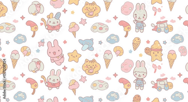 Obraz A whimsical pattern featuring adorable cartoon bunnies, ice cream cones, stars, and other cute elements in a pastel color palette, perfect for children's designs.