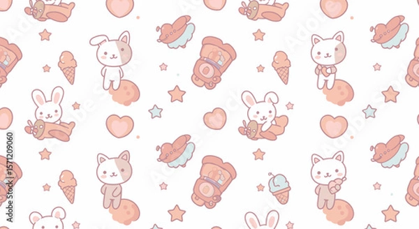 Obraz A charming and whimsical repeating pattern showcases adorable cartoon animals, including bunnies and bears, with hearts, ice cream, and stars on a clean white background.