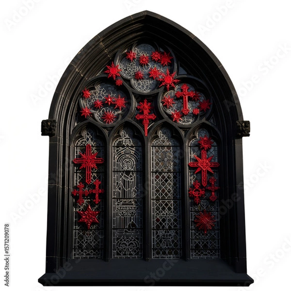 Fototapeta Gothic church window adorned with red decorative crosses and starbursts against black frames PNG file isolated on transparent background cut out, clipping path, social media, Advertisement, high.