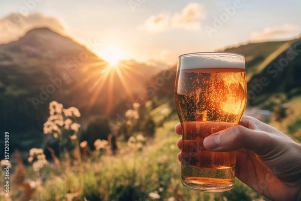 Fototapeta Refreshing beer in hand against a scenic mountain landscape under a bright sunlit sky