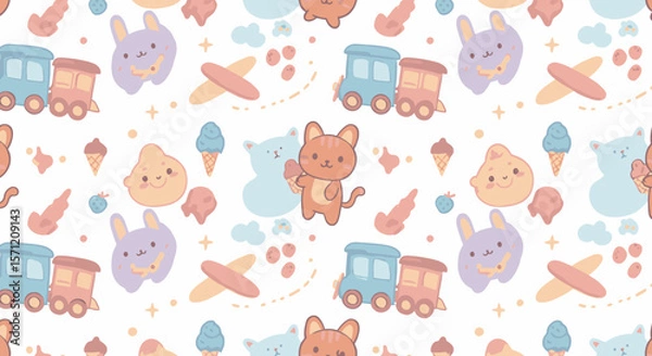 Obraz A whimsical seamless pattern featuring adorable pastel cartoon trains, bunnies, and ice cream on a clean white background, perfect for children's designs.