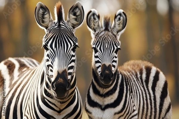 Fototapeta Plains zebra and its adorable foal standing together, facing the camera in a natural habitat