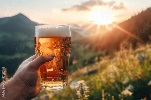 Fototapeta A refreshing beer in hand with majestic mountains and glorious sunlight in the background