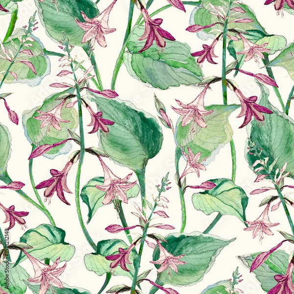 Fototapeta Seamless watercolor pattern with hosta leaves and pink flowers