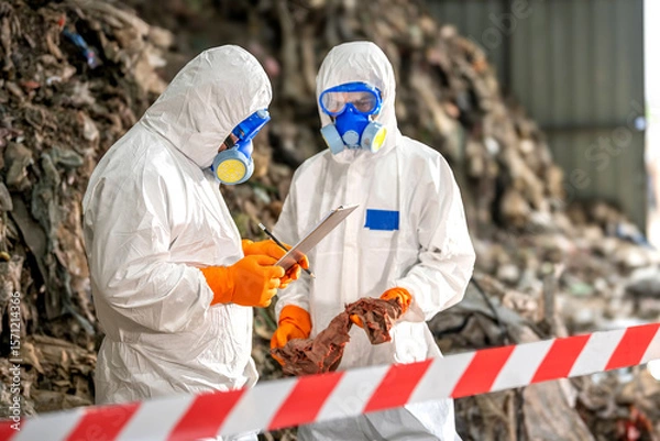Fototapeta Two workers in full protective hazmat suits with blue goggles and orange gloves examining a sample or specimen at a hazardous waste site with rocky background and safety barrier
