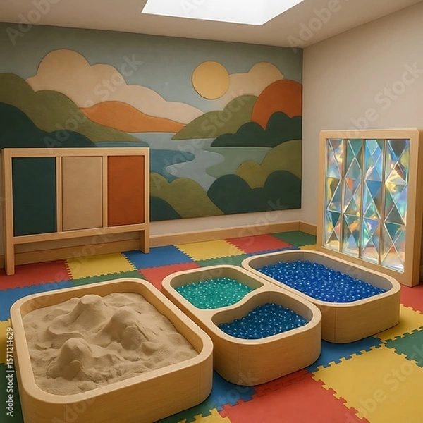 Fototapeta A colorful and inviting sensory room with play areas and creative wall art.