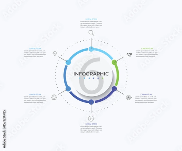 Fototapeta Modern infographic template. Creative circle element design with marketing icons. Business concept with 6 options, steps, sections.