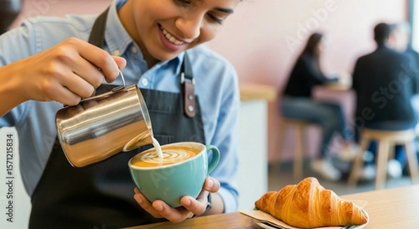 Fototapeta Barista creating coffee and breakfast menu in cafe
