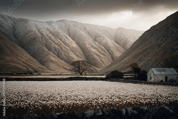 Obraz A valley scene with a field of white flowers, dramatic mountains