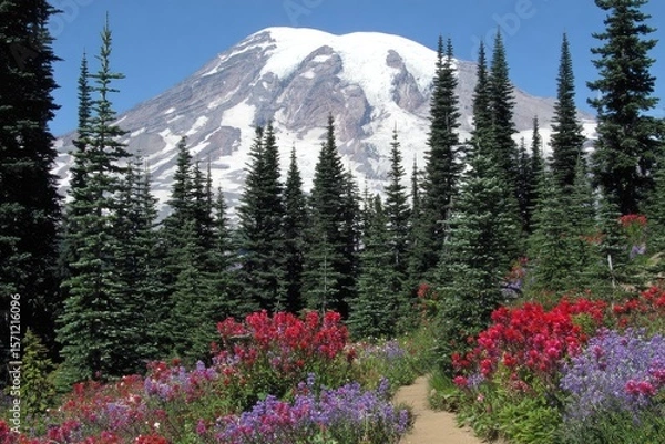 Obraz Mountain peak, wildflowers, and forest. Lush wildflowers in vibrant pinks, reds, and purples carpet a trail leading to a snow-capped mountain. Tall evergreens line the path