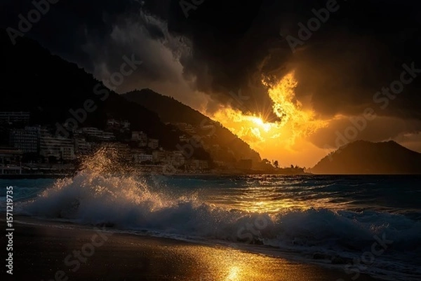 Fototapeta Dramatic sunset over a Mediterranean beach.  Golden light piercing dark clouds.  Waves crash on the shore, while buildings line the coast