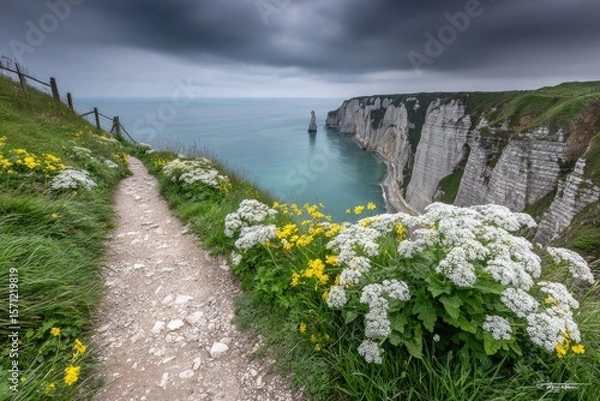Fototapeta Coastal path winds through wildflowers, dramatic cliffs