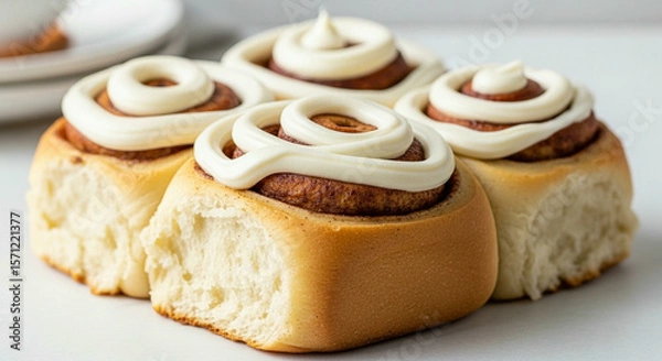 Fototapeta A close-up of freshly baked cinnamon rolls topped with creamy white frosting, arranged in a pan