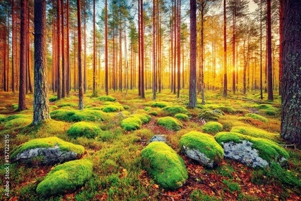 Fototapeta Golden hour in a moss-covered forest. Sunlight filters through tall pines, illuminating vibrant green moss on rocks and colorful fall foliage