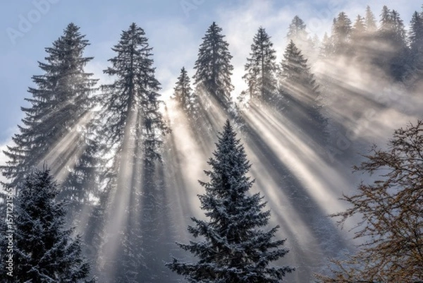 Fototapeta Sunlight streams through a snowy forest