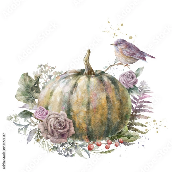 Fototapeta Colorful watercolor pumpkin with roses, fern, herbs and bird. Helloween element. Thanksgiving greeting card template. Digital illustration.	