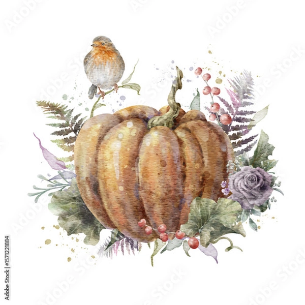 Fototapeta Colorful watercolor pumpkin with roses, fern, herbs and bird. Helloween element. Thanksgiving greeting card template. Digital illustration.	