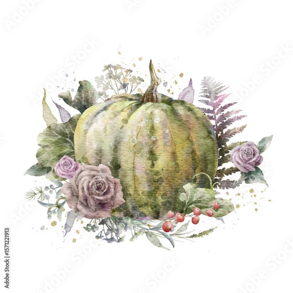 Fototapeta Colorful watercolor pumpkin with roses, fern and herbs. Helloween element. Thanksgiving greeting card template. Digital illustration.	