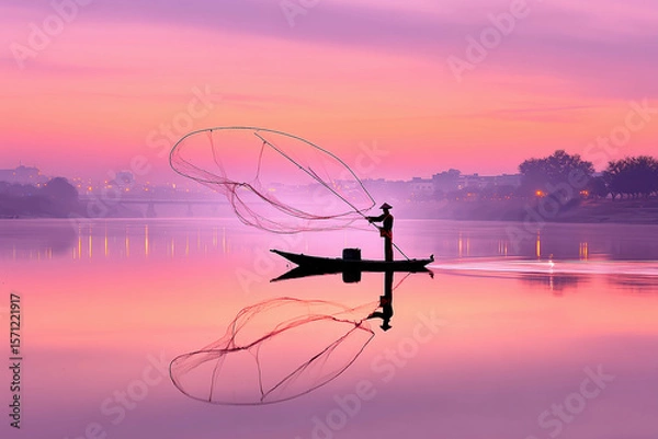 Fototapeta a man fishing on a boat in a lake at sunset with mountains in the background and a purple sky