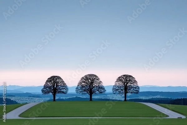 Obraz Three bare trees on a grassy hilltop, facing a pale sky and distant mountains