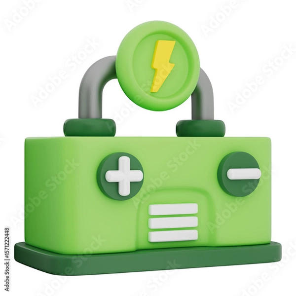 Fototapeta Battery icon featuring lightning bolt, plus minus terminal, power bar, energy symbol, and electric flow. Represents clean charge, eco power, and modern grid. Transparent background, 3d illustration.