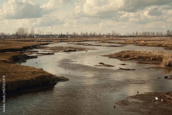 Obraz A serene river winds through a grassy, marshy landscape under a cloudy sky