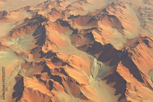 Fototapeta High-angle view of a vast, arid landscape.  Terraced mountains of muted terracotta and beige, sculpted by erosion, with light tan valleys.  Sun-drenched hues