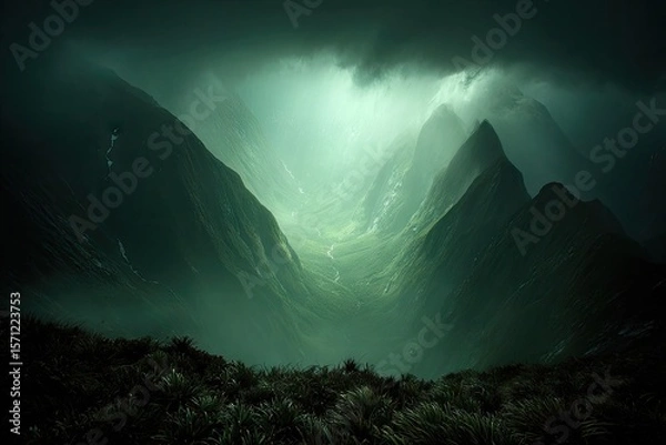 Fototapeta Misty mountain pass bathed in ethereal light