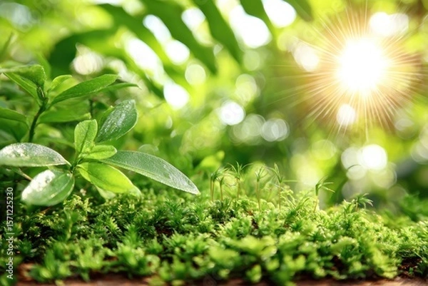 Fototapeta Lush green foliage and moss, sunlit