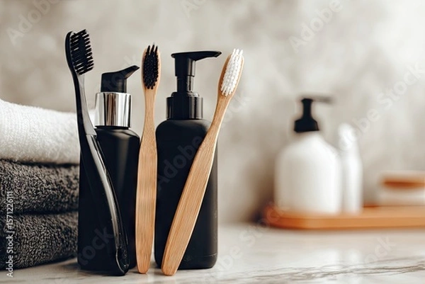 Obraz Bathroom Hygiene Essentials on Marble Countertop