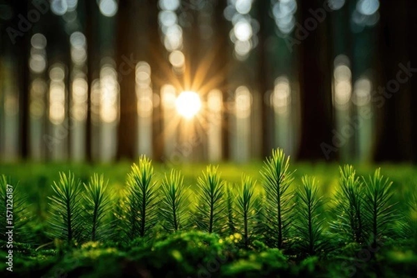 Fototapeta Sunlight filters through forest canopy, illuminating young pine seedlings