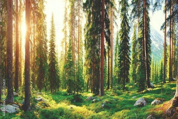Fototapeta Sunlight streams through a dense pine forest, illuminating a mossy glade