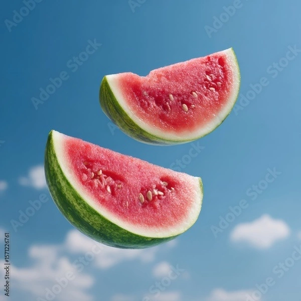 Fototapeta Vibrant Watermelon Slices Floating Against a Bright Blue Sky with Scattered Clouds Summer Mood