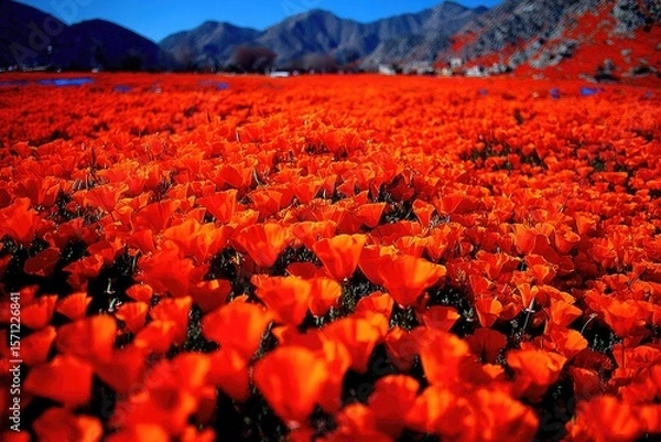 Fototapeta A vibrant sea of California poppies.  A vast field of fiery orange-red flowers stretches to a backdrop of mountains