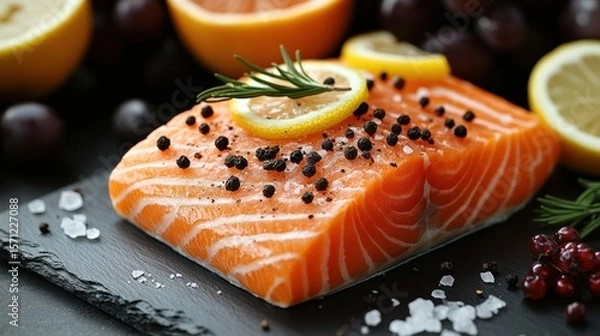Fototapeta Raw salmon fillet with lemon slice peppercorn rosemary and cranberries on slate plate food concept