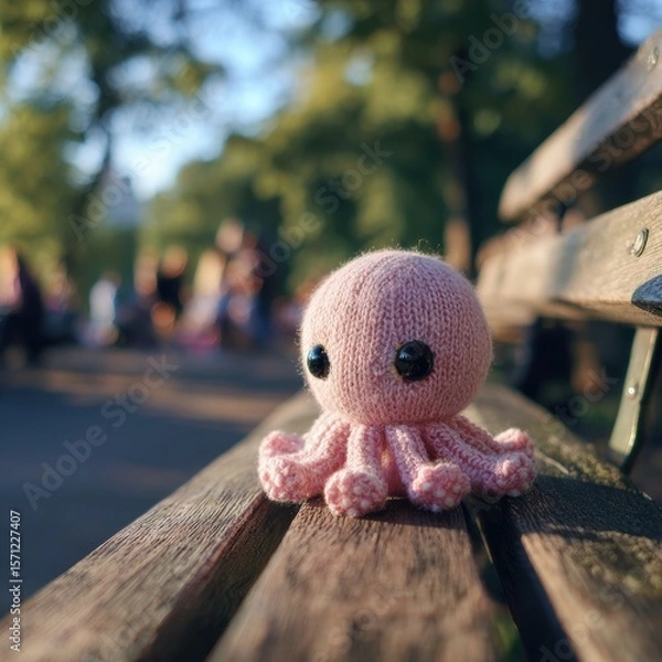 Fototapeta Cute Knitted Octopus Plush Toy Resting on Wooden Park Bench Bathed in Afternoon Sunlight in Urban Setting