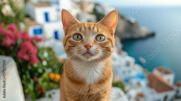 Fototapeta Charming ginger cat portrait with sea and white houses in the background and vibrant flowers